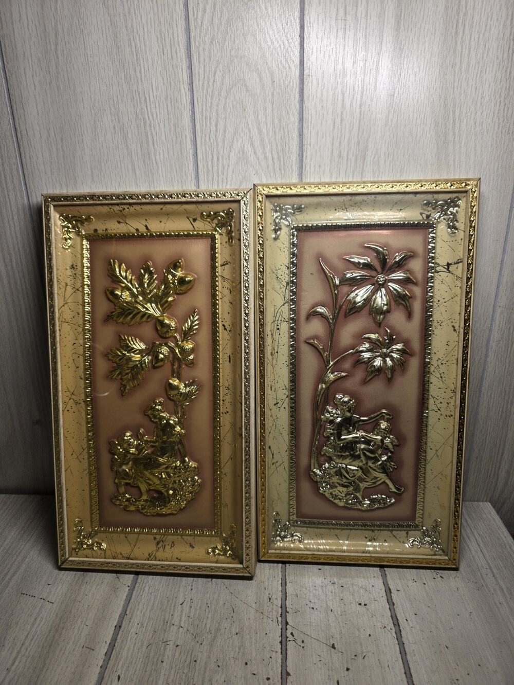 Vtg Metalcraft Framed 3D Metal Art Pink Seasons Mid Cetury Modern 50s Set Of 2